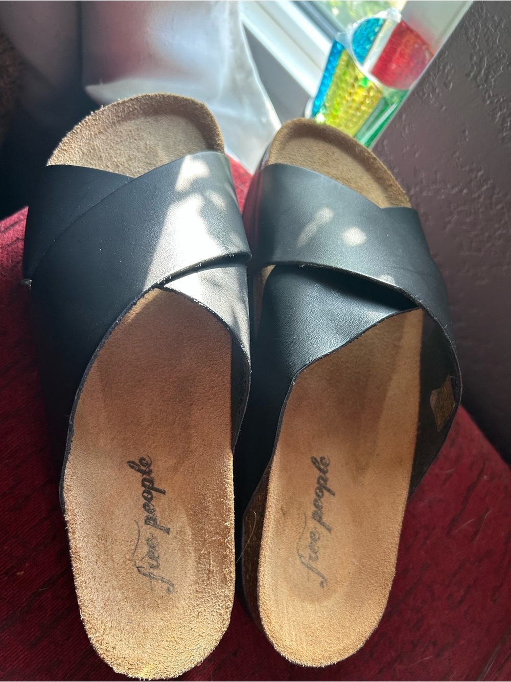 Free People Black Crisscross Leather Slide Mules